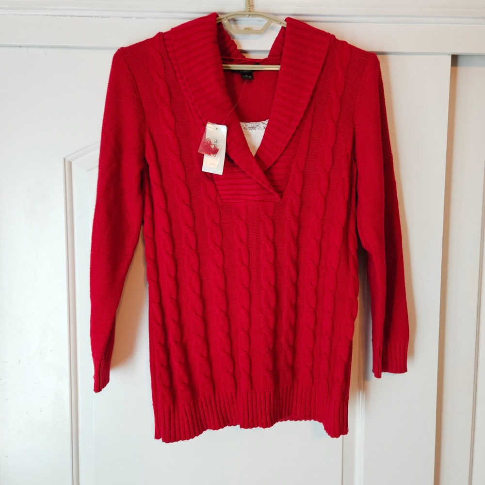 Red Cable Sweater XL Knit Shawl Collar Lace Layering